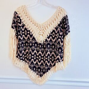 Boho Fringe Poncho Top Southwest Aztec Print Festival Blouse